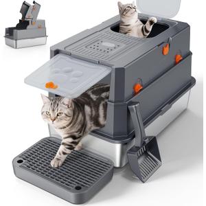 FURTIME Stainless Steel Litter Box with Lid, Large Enclosed Cat Litter Box for Big Cats, Metal Cat Box with High Sided Enclosure & Scoop, Front & Top Entry, Odor Free, Anti-Leakage, Grey
