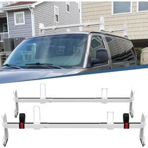 Van Roof Ladder Rack 2 Bar Set, Adjustable Length 41.5''- 70'', Universal Van Roof Rack Fit for Chevy Express 1500 2500 3500 Ford Econoline GMC Savana Cargo Vans with Rain Gutter