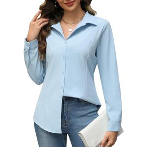 HOTOUCH Womens Button Down Shirts Long Sleeve Dress Shirt Slim Fit Collared Tops Casual Work Office Blouse S-XXL (Light Blue)