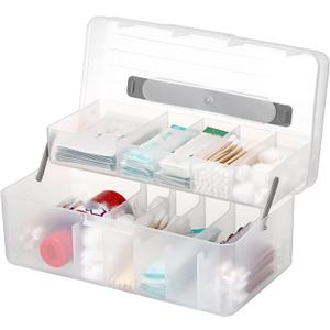 JUXYES 2-Tiers Bandages Carry Storage Box With Handle Lid - Transparent Portable Bandages Storage Bin With Lifting Divided Tray - Plastic Storage Container for School, Office, Travel Use Supplies