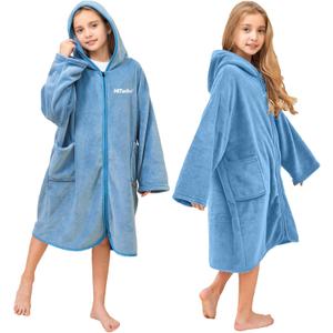 Hiturbo Kids Bath Towel Hoodie: Soft Plush Zipper Surf Poncho - Warm Fleece Changing Towels Swimming Outerwear (Blue)