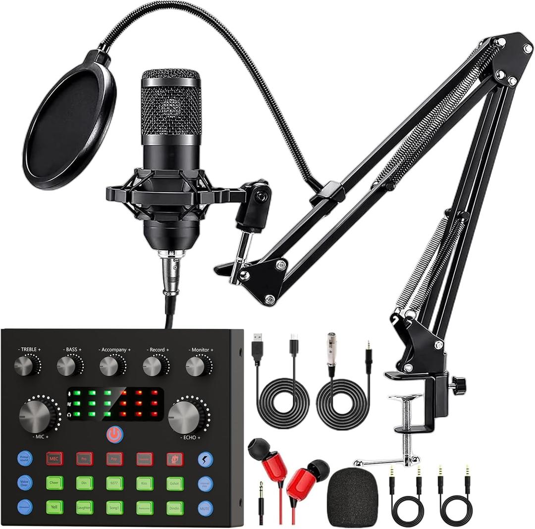 Podcast Equipment Bundle, Recording Studio Package with Podcast Microphone and Voice Changer, Live Sound Card - Audio Interface for Laptop Computer Vlog Living Broadcast Live Streaming YouTube TikTok
