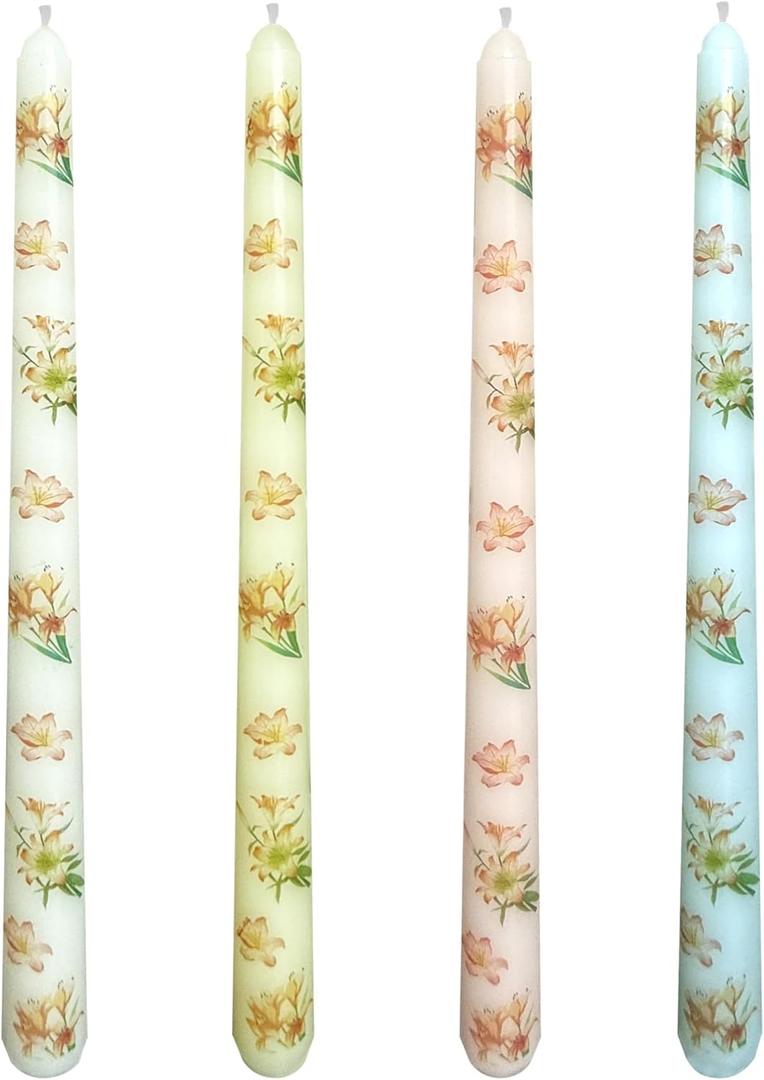 4-Pack Printed Taper Candles Unscented - Dripless & Smokeless 7-Hour Burn - 10" Hand-Poured Candles with Lily Design for Dining, Weddings (White/Pastel Yellow/Pink/Blue)