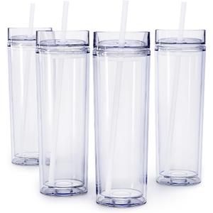 Maars Drinkware Double Wall Insulated Skinny Acrylic Tumblers with Straw and Lid, 16 oz. (4 pack, Clear)