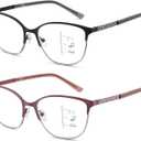 Progressive Multifocal Reading Glasses Women Cat Eye No Line Multifocus Transition Blue Light Reader Lady Metal Frame (Black & Pink)