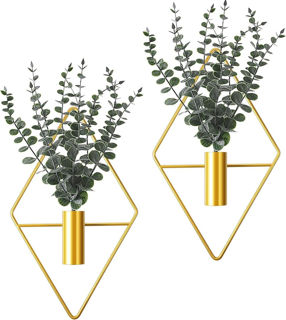 Jexine 4 Pcs Hanging Planters with Artificial Eucalyptus Metal Hanging Vase Indoor Plants Holder Modern Geometric Boho Bathroom Wall Decor for Living Room Home Office (Eucalyptus,Gold)