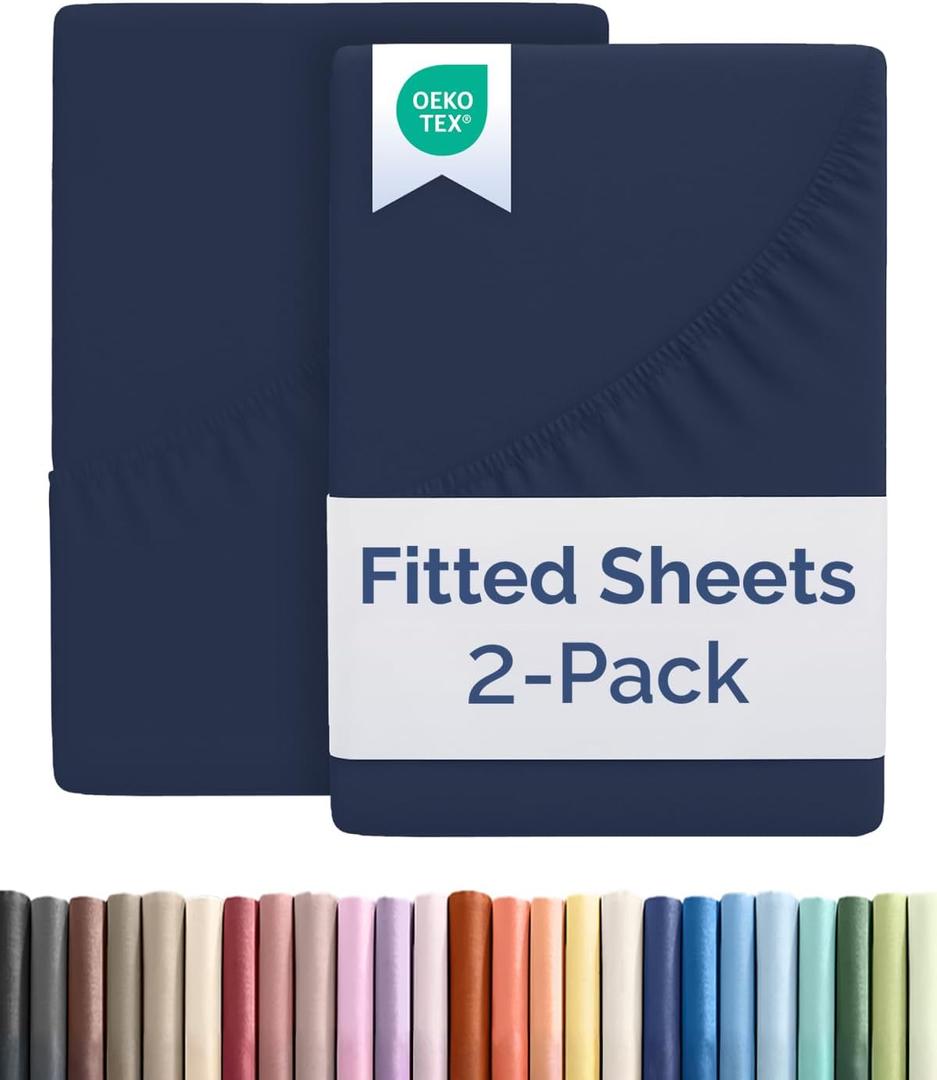Twin Size Fitted Bed Sheet - Pack of 2 Single Fitted Bottom Sheet Only - Fits Mattress Up to 16" Deep Pockets - Extra Soft, Breathable & Cooling - Hotel Quality, Shrink and Wrinkle Free - Navy Blue