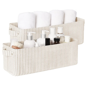 StorageWorks Narrow Storage Bins, Small Basket for Closet and Shelves, Fabric Organizer with Handles, Toilet Paper Storage, Gray and White Stripes, 2-Pack