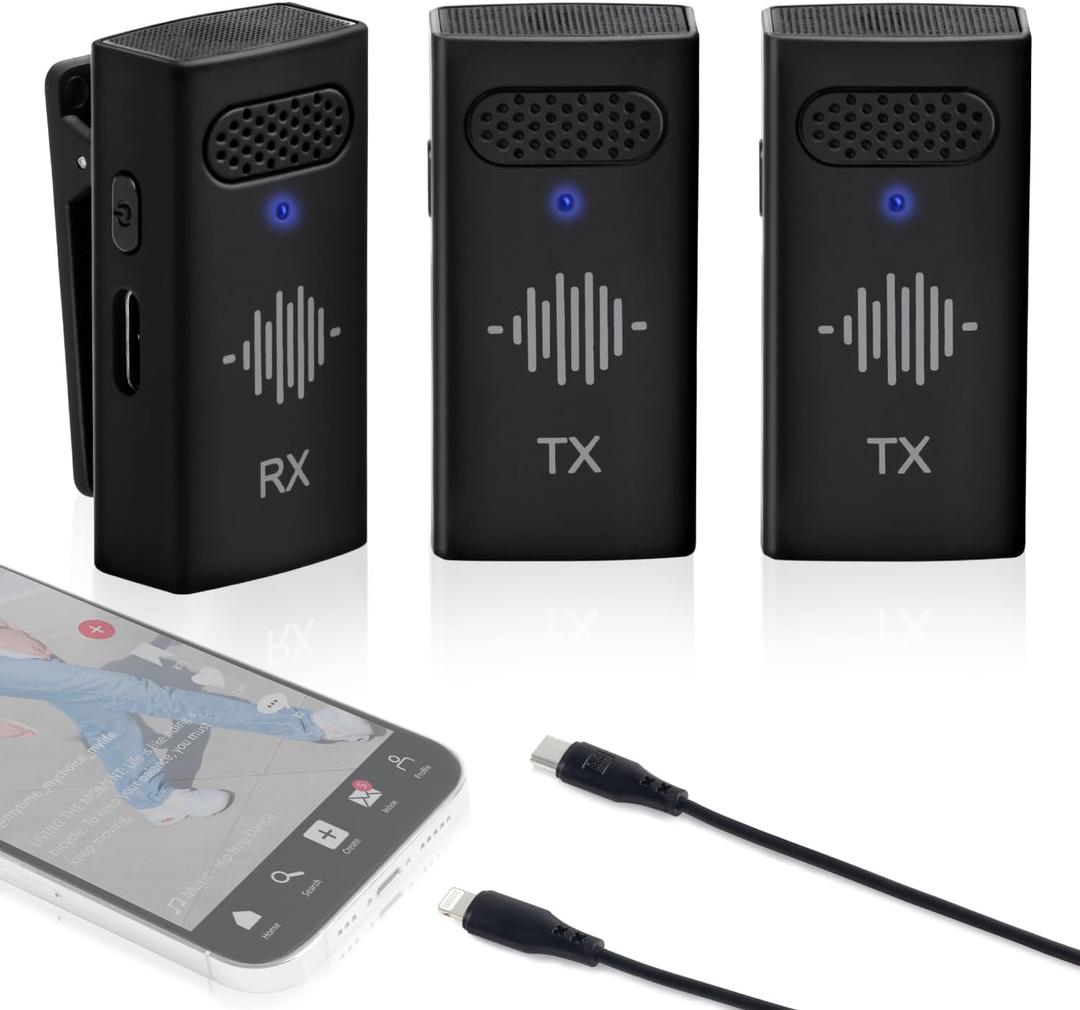 Wireless Microphone for iPhone - iPhone Microphone for Video Recording with Clip on Microphone for iPhone Built-in Mic on Dual TX and RX, Wireless Mic for iPhone for Vlog TikTok YouTube, Black