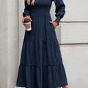 KIRUNDO Spring Dresses for Women 2026 Wedding Guest Maxi Long Sleeve Summer Smocked High Waist Flowy Party Cocktail Dress (Small, Navy)