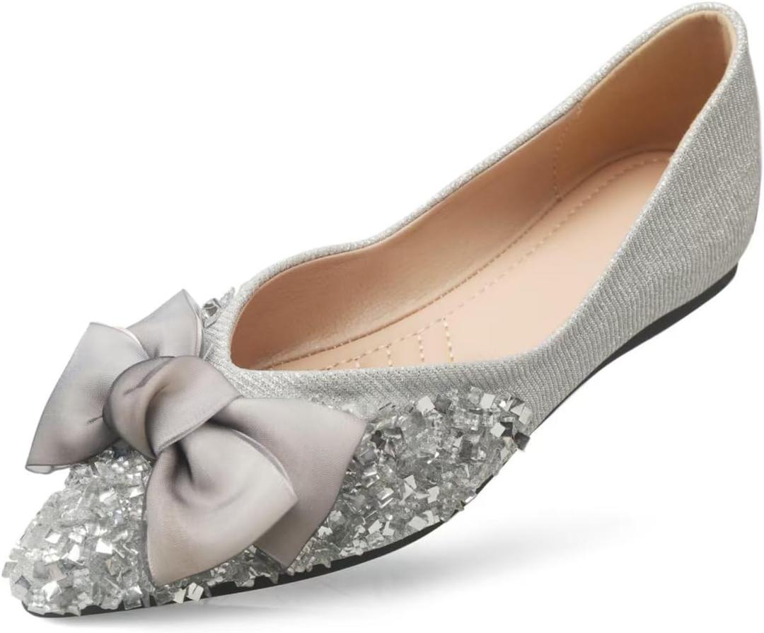 Flats Women Rhinestone Wedding Flats Comfort Pointed Toe Ballet Flats Dress Flats for Women (10, Silver)