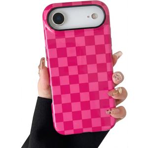 CHEDEMK Compatible with iPhone 17 Air Case, Cute Aesthetic Fashion Colorful Checkered Cover for Women, Shockproof Slim Soft TPU and Hard PC Protective Phone Case for iPhone 17 Air 6.6", Hot Pink