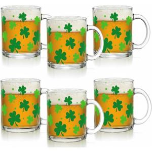 Maxcheck 6 Pack 12 oz St. Patrick's Day Shamrock Coffee Mugs Glass Cups Green Clover Gifts Bulk Clear Drinking Wine Glasses with Handle for Irish Party Supplies Decorations