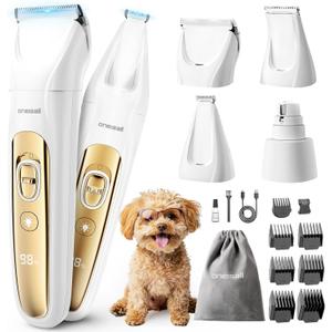 oneisall Quiet Dog Grooming Kit 4 in 1, LED Light Dog Nail Grinder, 2000mAh Pet Grooming Clippers Paw Trimmer for Paw, Nail, Face, Ears, Legs, Body with Storage Bag (Gold)