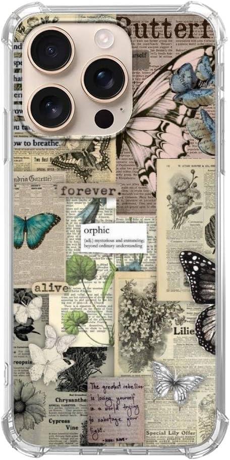 Butterfly Aesthetic Case Compatible with iPhone 16 Pro, Vintage Newspaper Collage Case for iPhone 16 Pro, Cool TPU Shockproof Case Cover