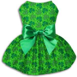 St. Patrick's Day Dog Dress, Green Shamrock Clover Puppy Skirt with Bowknot, Soft Breathable Pet Clothes for Small Medium Dogs & Cats, Cute Irish Holiday Outfit Apparel & Costume (Large)