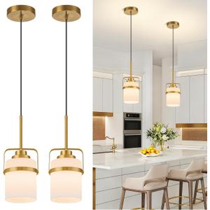 Modern Brass Pendant Lights Kitchen Island Light, Adjustable Hanging Light Fixture with Milk Glass Shade, Farmhouse Pendant Light for Dining Room Bar Over Sink/Table/Counter, 2 Pack