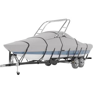 Tuszom 900D Solution Dyed 100% Waterproof Ski & Wakeboard Tower Boat Cover with 11+6 PCS Windproof Straps Fit V-Hull Runabouts OutBoards and I/O (Gray, 20'-22'L, Beam Width to 106" W)