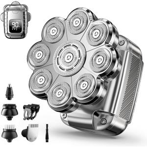 9D Head Shavers for Bald Men, 5 in 1 Detachable Head Shaver with LED Display, IPX7 Waterproof Wet Dry Rechargeable Electric Shavers for Men Grooming Kit for Home & Travel