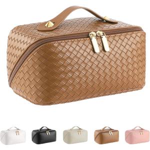 Large Capacity Travel Cosmetic Bag - Portable Makeup Bags for Women Waterproof PU Leather Checkered Makeup Organizer Bag with Dividers and Handle,Toiletry Bag for Cosmetics (Medium, brown woven)