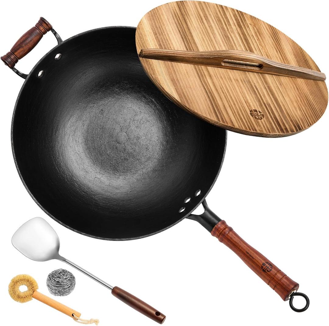 WANGYUANJI 12.6" Cast Iron Wok with Wood Lid, Traditional Uncoated Flat Bottom Chinese Stir Fry Pan with Stainless Steel Spatula, Heavy Duty Hand-Cast Wok for Induction, Gas & Glass Top Stoves (4 Qt) (12.59 inch, Black)