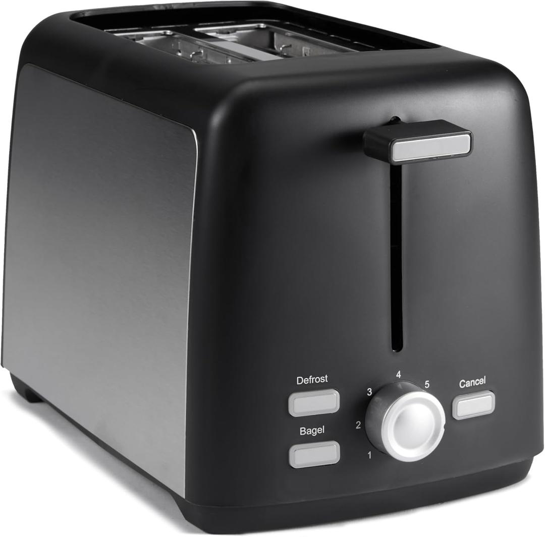 Amazon Basics 2 Slice Toaster, Extra Wide Slots for Bagels and Specialty Breads, 7 Browning Levels, Removable Crumb Tray, Defrost/Cancel/Bagel Buttons, 800W, Black & Silver