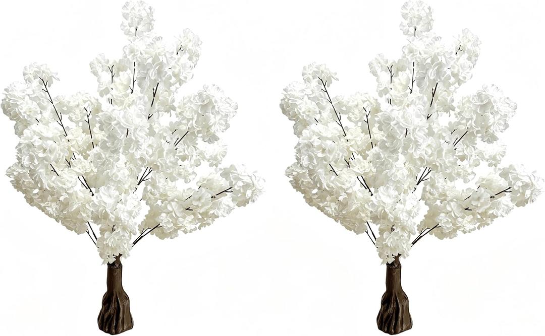 Artificial Cherry Blossom Tree 3.6ft –2 Pack White Faux Cherry Tree for Wedding Backdrop, Party Decoration, Home Living Room, Office Table, Indoor Floral Display