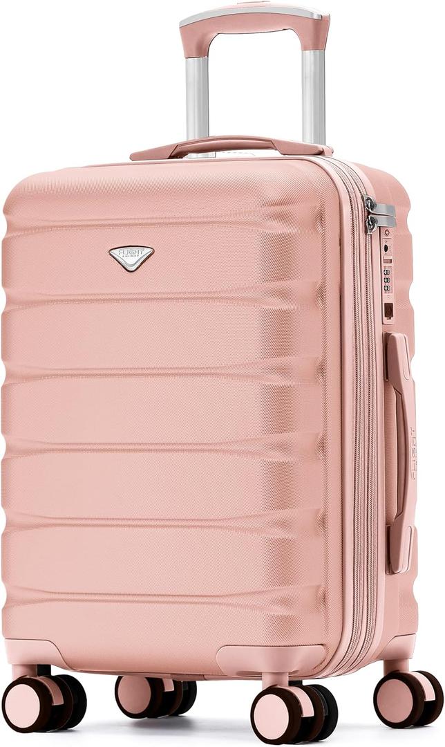 Flight Knight 22x14x9 Expandable Carry On Hardside Suitcase TSA Lock USB C Port Lightweight Luggage Silent Double Spinner Wheels Maximum Overhead Carry-On Bag For American United Approved Pink