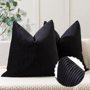 YCOLL Black Pillow Covers 20x20 Set of 2 Velvet Striped Pattern - Soft Throw Pillows for Home Decor, Luxury Decorative Pillow Covers for Couch, Bed,Living Room