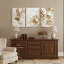 3 Pcs Modern White Floral Golden Leaves Canvas Wall Art Neutral Boho Beige Botanical Painting Pictures Nordic Wall Decor Posters Print Artwork for Bedroom Living Room Office Home Decoration, 16x24 Inches 