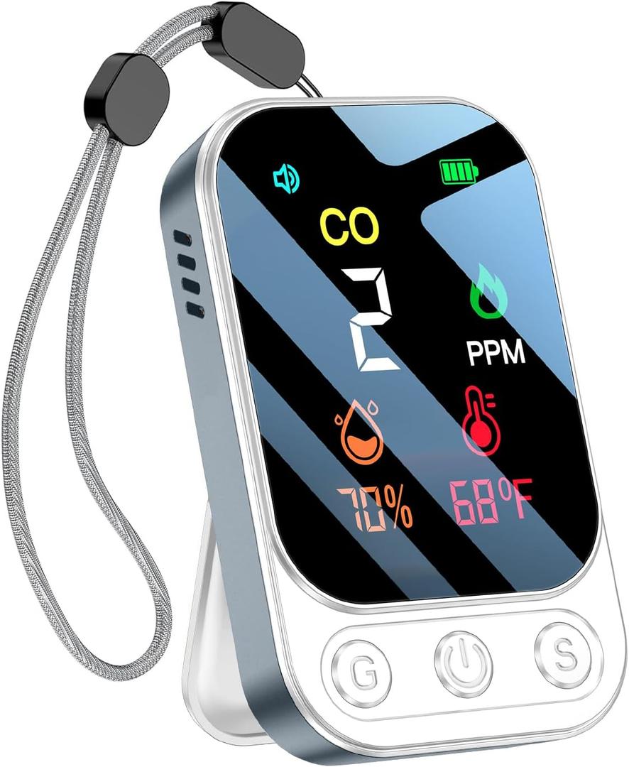 Portable Carbon Monoxide Detectors [3-in-1] Mini Size CO Monitor with Kickstand & Lanyard 85 dB Alarm [CO Temperature Humidity Sensor] for Indoor Outdoor Camping Travel RV Hotel (Grey)
