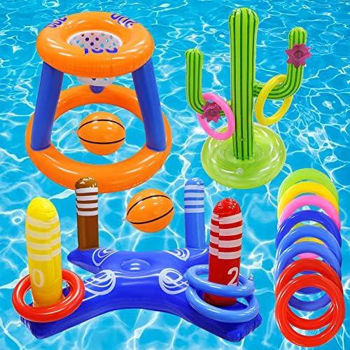 Gemle Pool Toys Games Set,Pool Basketball Hoop Inflatable Cross Ring Toss Game and Inflatable Cactus Kids for Teens Adults and Family (3 Set Water Toys), Pac of 2