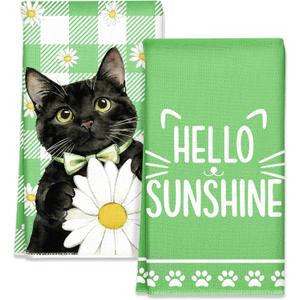 Miss Adola Spring Kitchen Towels - Spring Theme Microfiber 18x26 Inch 2pcs Dish Towels Decorative Absorbent Bright Green Hand Towel with Hanging Loop Design with Cat for Kitchen Housewarming Gift