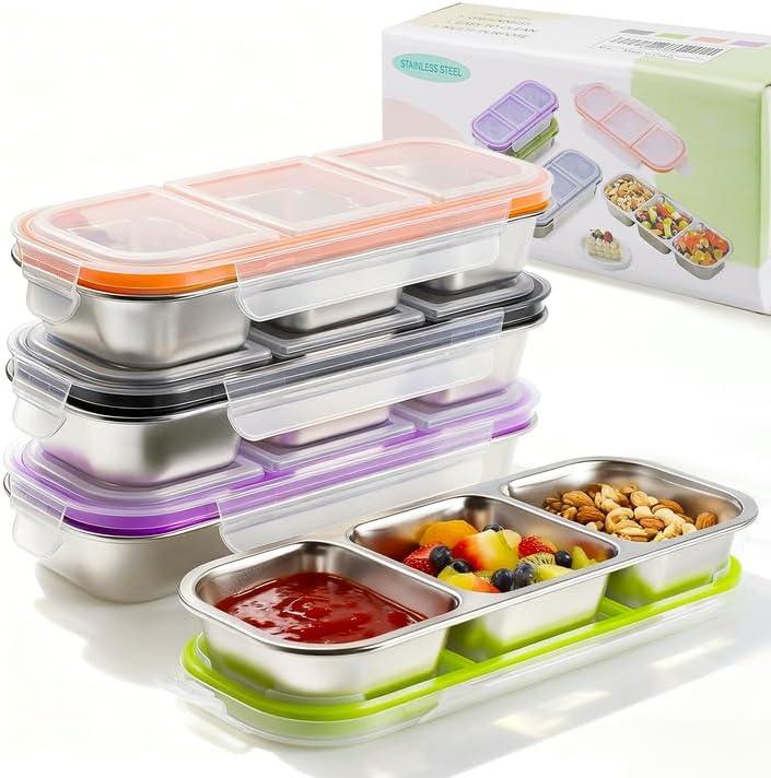 4 Pack Stainless Steel Snack Containers with Lids, 3-Compartments Reusable Lunch Box for Adults, Food Storage Containers Divided Meal Prep Box for Home, Work, Travel