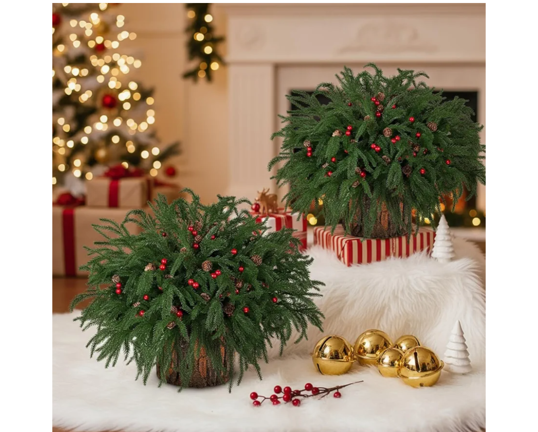 Suncalla 48 Pcs Christmas Artificial Norfolk Pine Stems Branches Christmas Norfolk Pine Branches Red Berries Stems Pinecones Greenery Foliage Picks 2 Bark Stumps for DIY Xmas Tree Table Decor