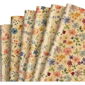 12 Sheets Spring Floral Kraft Wrapping Paper -Not Roll- Watercolor Wild Flower Gift Wrap Paper Folded Flat for Baby Shower Birthday Party DIY Crafts, 19.7 x 27.6 Inch