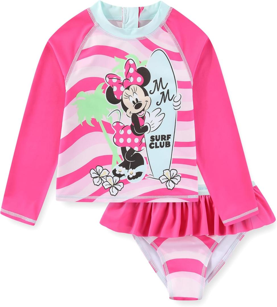 Disney Girls Minnie Mouse UPF 50+ Long Sleeve Rash Guard and Bikini Bottom 2-Piece Swimsuit Set for Toddler and Big Kids (4, Pink)