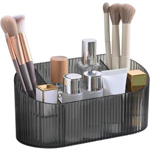 DASITON Large Capacity Makeup Brush Holder,5 Slot Makeup Brush Holder,Vintage striped Make Up Brush Holder,for Vanity Decor,Bathroom Countertops,Desk Storage Container,Cosmetic Display cases(Grey)