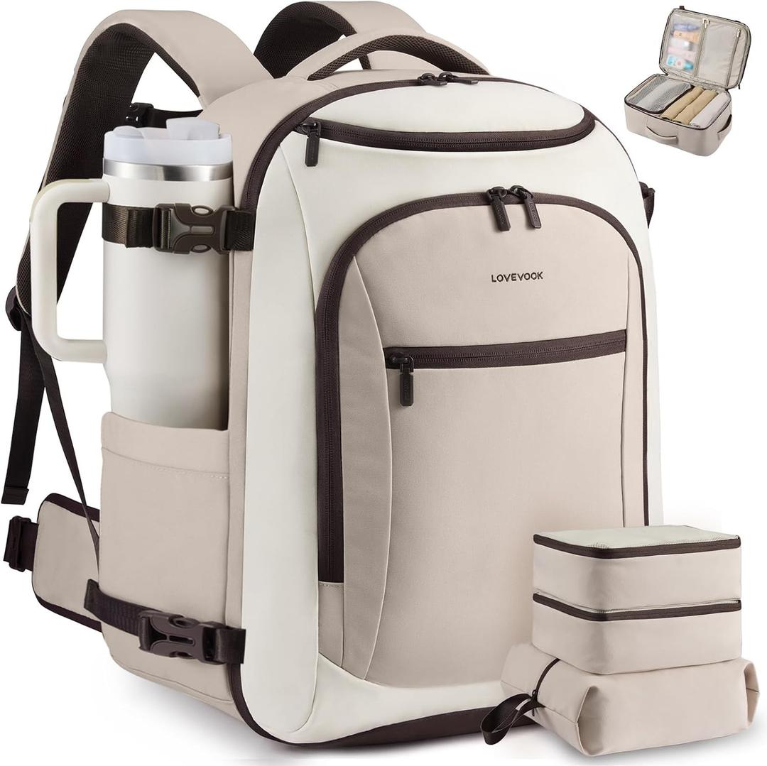 LOVEVOOK 50L Travel Backpack for Women & Men,Airline Approved Carry On Backpack with 3 Packing Cubes,TSA Waterproof Personal Item Bag, Weekender Overnight Essentials Backpacks fits 20" Laptop (Brown/Light Pink)