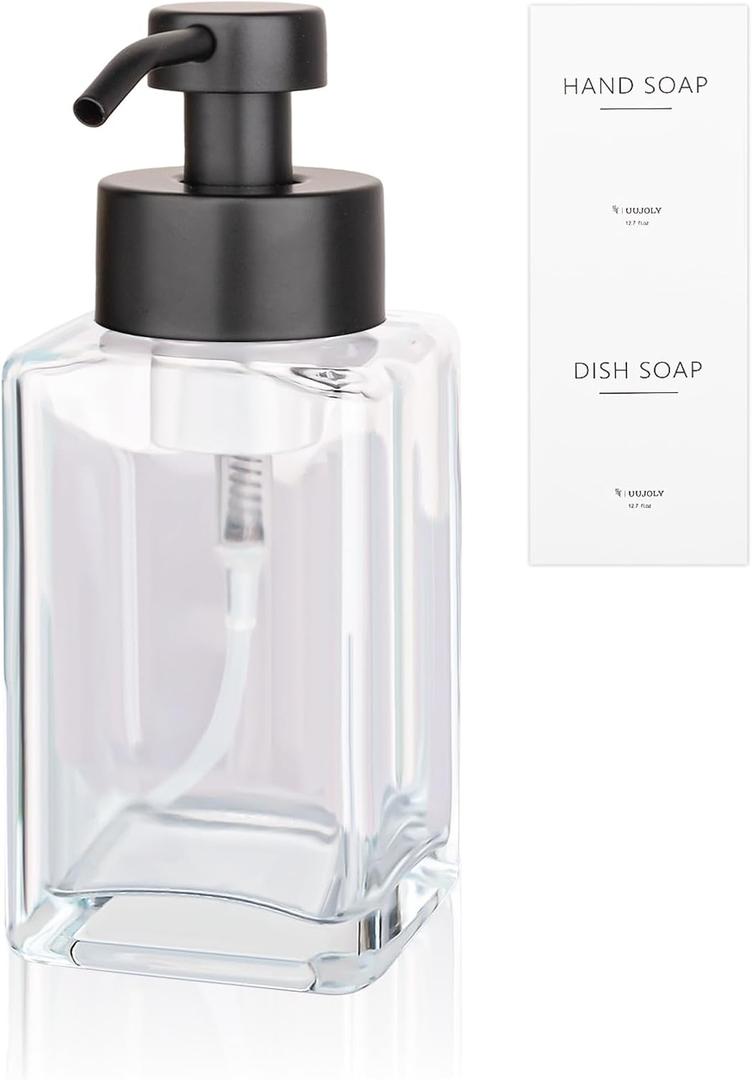 Foaming Soap Dispenser with Stainless Steel Pump, 12oz Refillable Glass Liquid Dish Soap Bottles for Bathroom, Kitchen Sink, Home Decor