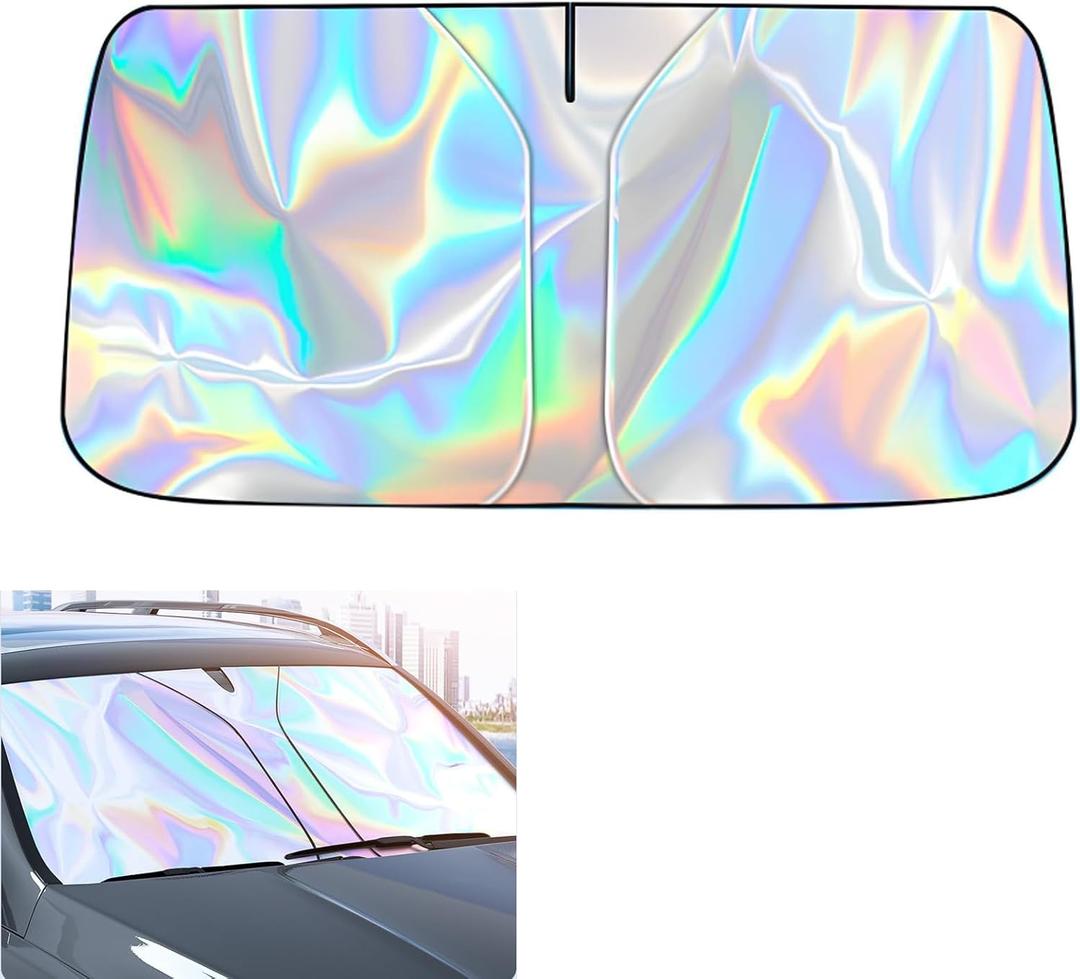 Windshield Sun Shade with Storage Pouch Keep Interior Cool, Foldable Laser Titanium Silver Front Window Shield Blocker Screen Visor Protector Cover Universal Fit for Car Truck SUVs (S)