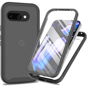 for Google Pixel 9A 5G Case, for Google Pixel 9A Phone Case with Built-in Screen Protector Clear Slim Back Cover Shockproof Rugged Heavy Duty Bumper Full Body Protective Case, Black