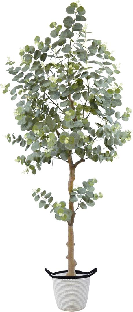 Artificial Eucalyptus Plant 5ft, Fake Tree with Basket, Faux Eucalyptus Plants with White Silver Dollar Leaves, Faux Floor Trees for Home Office Decor Indoor Outdoor