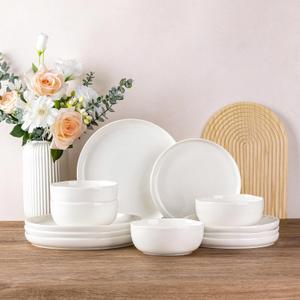 Ceramic Dinnerware Sets for 4,Handcraft Wavy Rim Stoneware Plates and Bowls Sets,Highly Chip and Crack Resistant | Dishwasher & Microwave & Oven Safe Dishes set,Service for 4 (12pc)-White &Wave