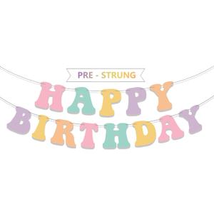 Pre-Strung Pastel Happy Birthday Banner, Girls Toddler Birthday Party Decorations, Cute Groovy Birthday Decor Macaron Rainbow