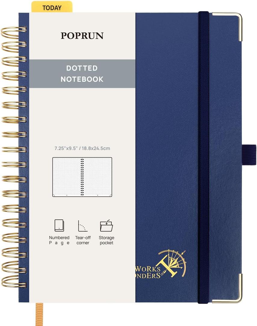 POPRUN Spiral Bullet Dotted Journal Notebook, 7-1/4" x 9-1/2" - 120 GSM Thick Paper, 220 Numbered Pages, Hardcover for Men & Women with Pocket, Index Tabs, 8 Perforated Sheets, Navy Blue