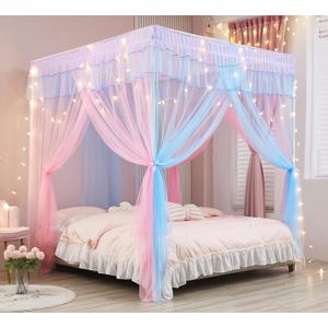 Mengersi Rainbow Canopy Bed Curtains with Lights - Princess Bed Canopy for Girls - Bed Drapes Netting- Bedroom Decoration Accessories,Queen