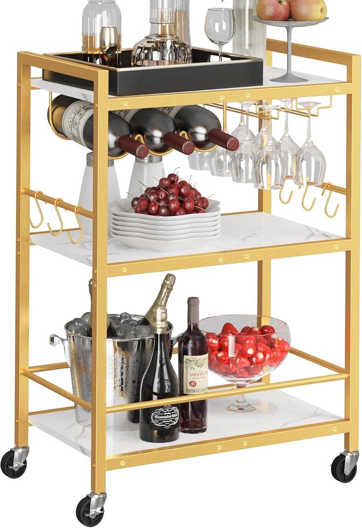 TUTOTAK Bar Cart - Serving Cart for Home - Microwave Cart, Drink Cart, Mobile Kitchen Shelf with Wine Rack and Glass Holder, Rolling Beverage Cart BC01BMG030