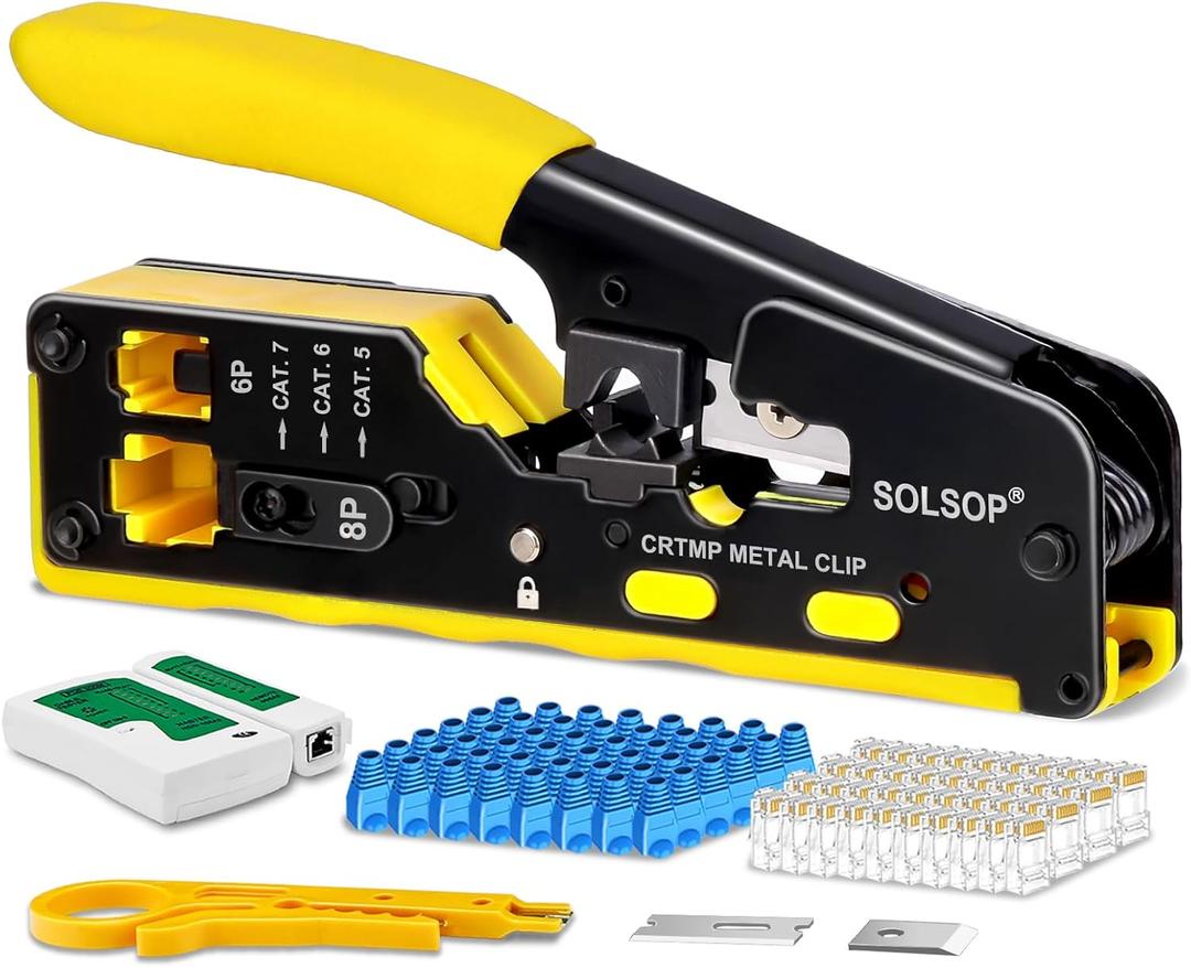 Solsop Pass Through RJ45 Crimp Tool Kit All-in-One Ethernet Crimper Cat7 Cat6 Cat5 Crimping Tool with Network Cable Tester, 50-Pack Cat6 RJ45 Pass Through Connector, 50-Pack Connector Boots 6P/8P Crimper Kit&Tester