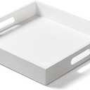 White Wooden Serving Tray with Handles, 12"x12"x2"H Square Countertop Organizer Tray， Decorative Cosmetics Trays for Kitchen, Bathroom, Sturdy Food Trays for Breakfast, Tea